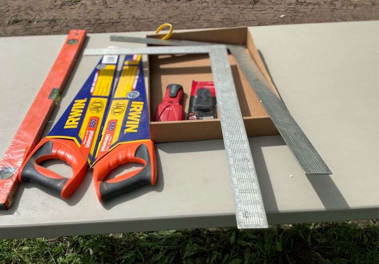 Flat of hand saws, carpenter squares & levels