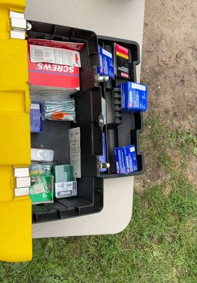 Stanley tool box w/misc staples & screws & tote w/misc screws & nails