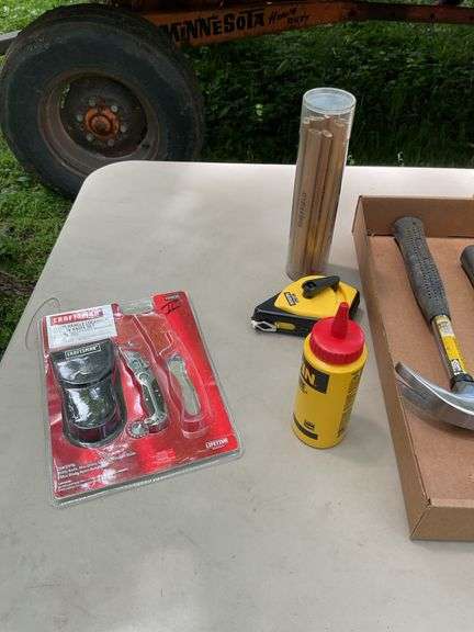 Flat of hammers, bars, chalk lines, razor blades, carpenter pencils