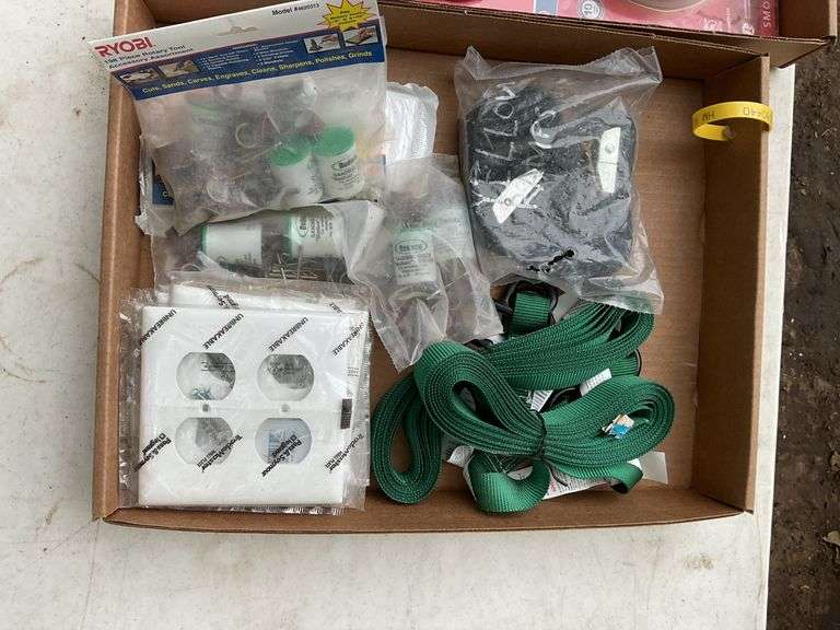 2 flats of misc; smoke detector, cable management channel, ratchet straps;