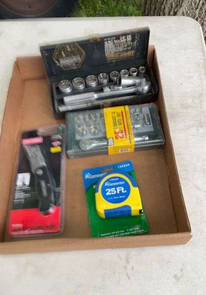 3/8, 1/4 socket set, utility knife, tape measure