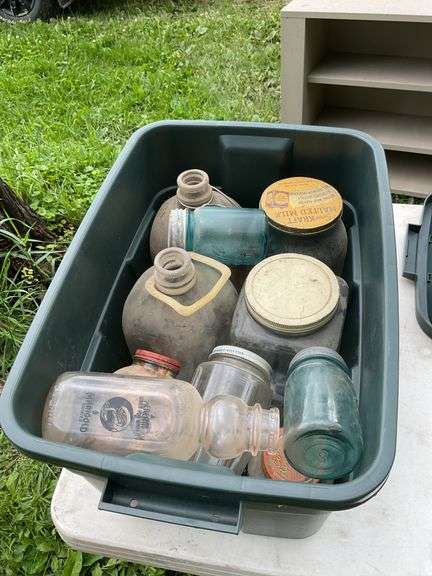 Tote of glass jars & bottles & box of 1x1 ceramic tile