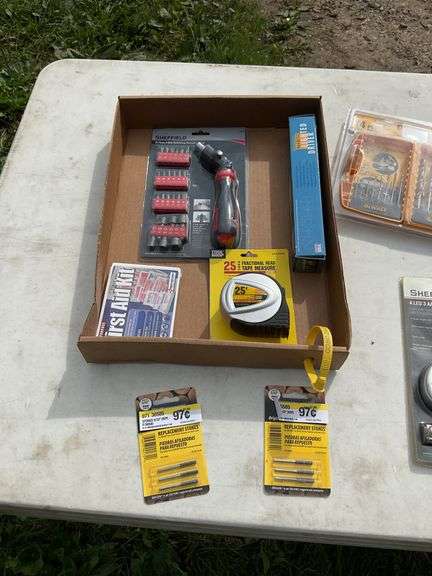 Flat of dewalt 14 pc drill bit set, sheffield 25 pc 3way ratcheting screwdr