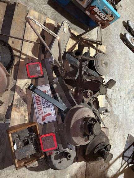 Pallet Of Model T/A Parts, Fans, Hubs, Leaf Spring, Mirrors, Other Small Pa