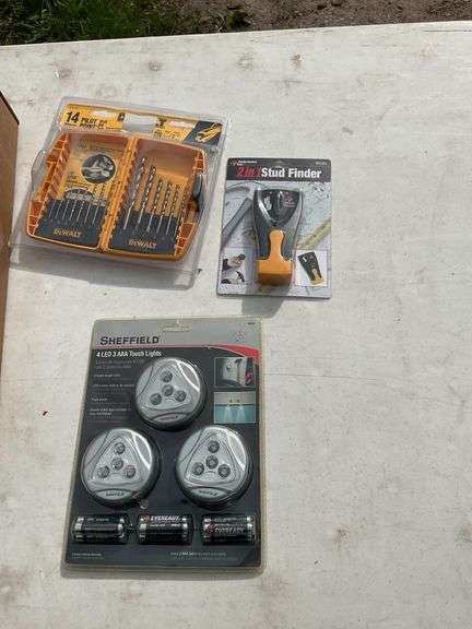 Flat of dewalt 14 pc drill bit set, sheffield 25 pc 3way ratcheting screwdr