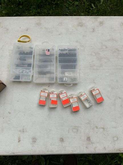 Flat of storage boxes w/contents & misc nuts & washers