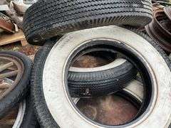 (4) 7.00-16 White Wall Firestone Tires, Wooden Spoked 30” Rim with Tire