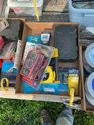 Flat of multi-meter, craftsman bit set, tape measure, misc connectors