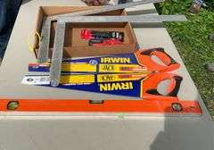 Flat of hand saws, carpenter squares & levels