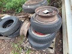 Assorted rims and tires - 5 and 6 bolt, 14” and 15” tires