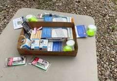 Flat of craftsman bit packs, cane tips, walker coasters, pill organizer