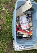 Tote of sediment filter cartridges & As seen on TV gadgets