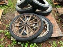 (4) 7.00-16 White Wall Firestone Tires, Wooden Spoked 30” Rim with Tire