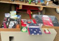 2 flats of flags, toolbox liner, tool bag, utility knives and misc.