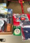 2 flats of flags, toolbox liner, tool bag, utility knives and misc.