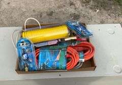 Flat of extension cords, air hose, hex keys, tape measure