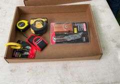 Flat of tape measures, razor blade knives