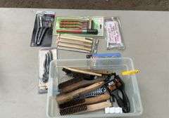 Tote of wire brushes, toggle pliers