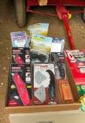 2 flats of flags, toolbox liner, tool bag, utility knives and misc.