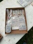 Flat of storage boxes w/contents & misc nuts & washers