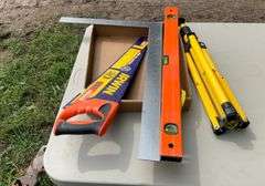 carpenter square, hand saw, level, work light stand