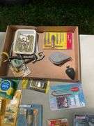 Flat of chalk line, utility knives, thread taps, misc