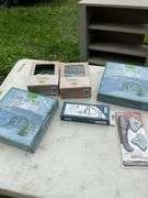 Tote of misc gardening, spickets, brass handles, paint trays