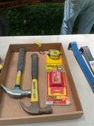 Flat of hammers, bars, chalk lines, razor blades, carpenter pencils