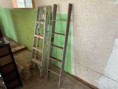 Aluminum step ladder and wood ladder