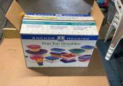 Anchor Hocking pop top storables and kenmore 6 piece stainless steel kitche