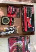 Flat of Craftsman mini model aluminum racing jack, spade bits, tape measure
