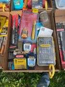 flat w voltage tester, craftsman bit set, magnetic pick up tool, misc conne