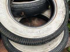 (4) 7.00-16 White Wall Firestone Tires, Wooden Spoked 30” Rim with Tire