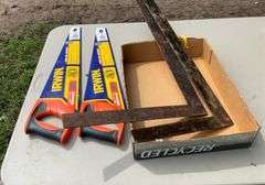 Flat of 2 hand saws & 2 carpenter squares