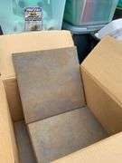 Tote of glass jars & bottles & box of 1x1 ceramic tile