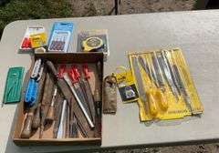 Flat with assortment of files, tape measures, hook sets & hex keys