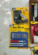 Flat of utility knives, band saw blades, tape measure replacement