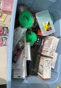 Tote of string trimmer line, pad locks, misc