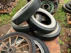 (4) 7.00-16 White Wall Firestone Tires, Wooden Spoked 30” Rim with Tire