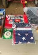 2 flats of flags, toolbox liner, tool bag, utility knives and misc.