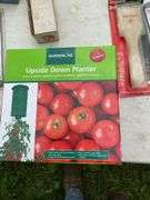 Tote of misc gardening, spickets, brass handles, paint trays