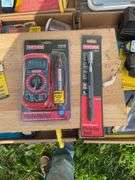 flat w/multi meter, craftsman bit set, magnetic pick up tool, misc connecto