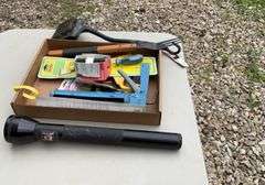 Flat with table saw push shoe, grill lighters, grill tools