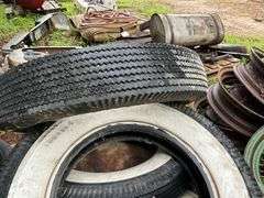 (4) 7.00-16 White Wall Firestone Tires, Wooden Spoked 30” Rim with Tire