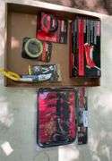 Flat of Craftsman mini model aluminum racing jack, spade bits, tape measure