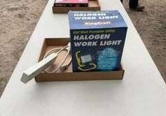 Flat of halogen work light, power strip, misc