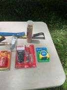 Flat of hammers, bars, tape measures, utility knives, chalk line