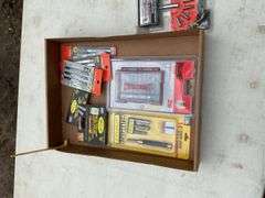 Flat of jig saw blades, staples, driver bits, adapter cord