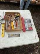 Flat with treble light, tape measure, craftsman digital torpedo level, misc