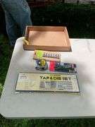 Flat of tap & die set, utility knife, tape measure, bits